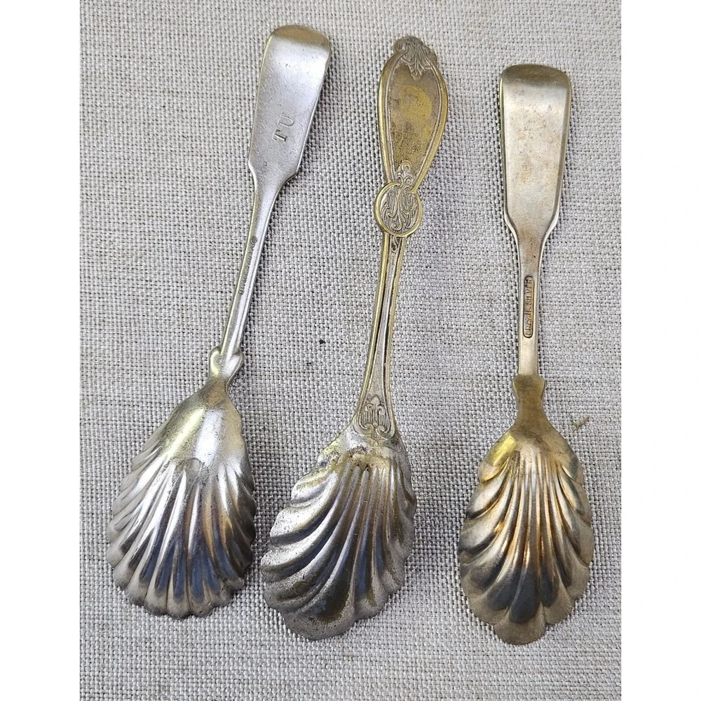 Rogers Brazil Silver Antique Shell Spoons Set 3 Monogrammed R TU B Salt Sugar